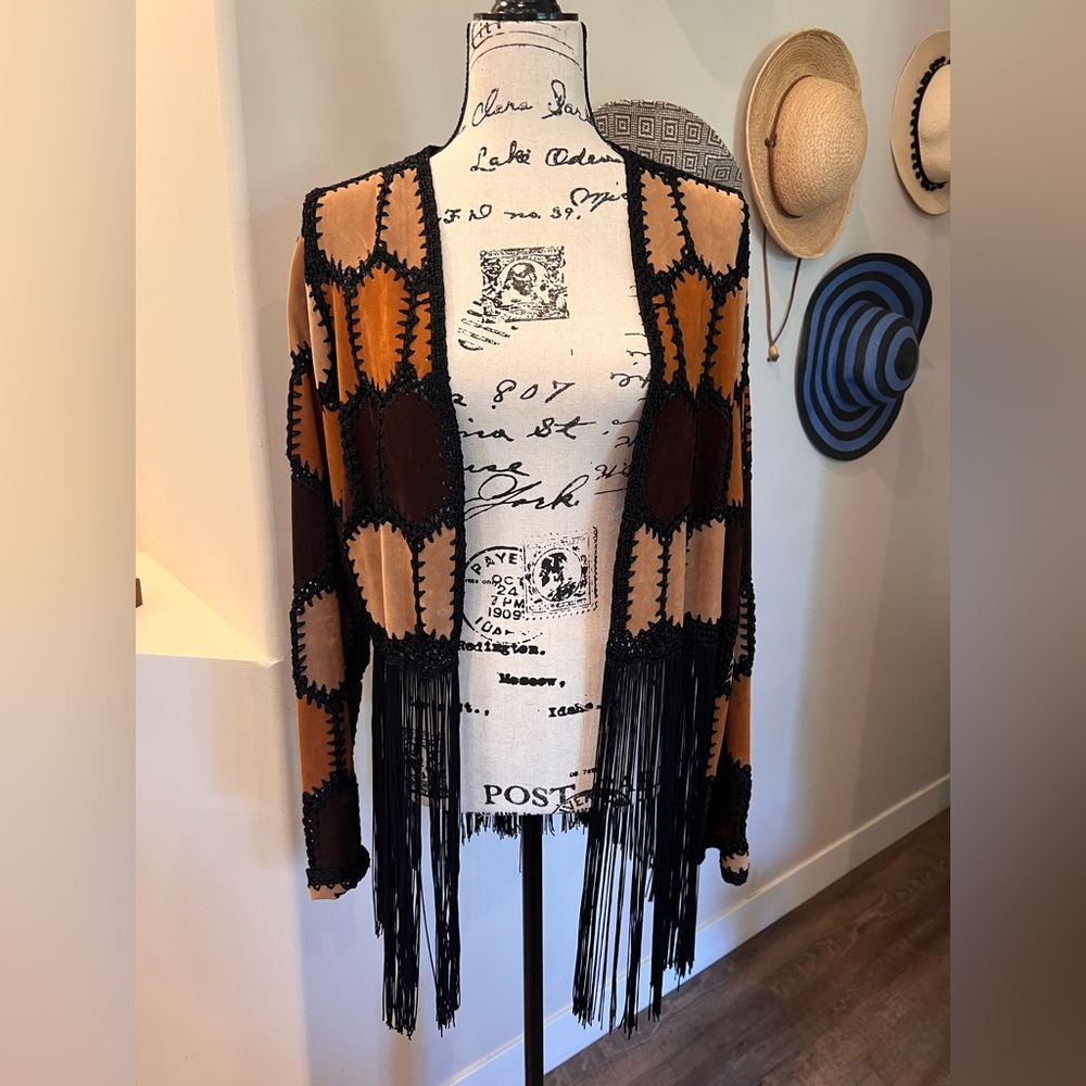 Topshop Brown and Tan Patchwork Suede Long Sleeve Open Jacket w/ Black Fringe